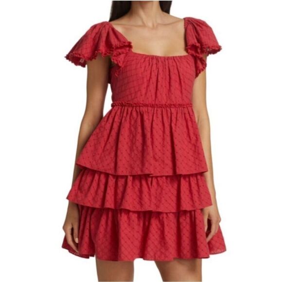 Cinq a Sept NWT Marcia Tiered Mini Dress Red Ruffle Eyelet Laceup Cotton Sz 4 - Picture 1 of 11